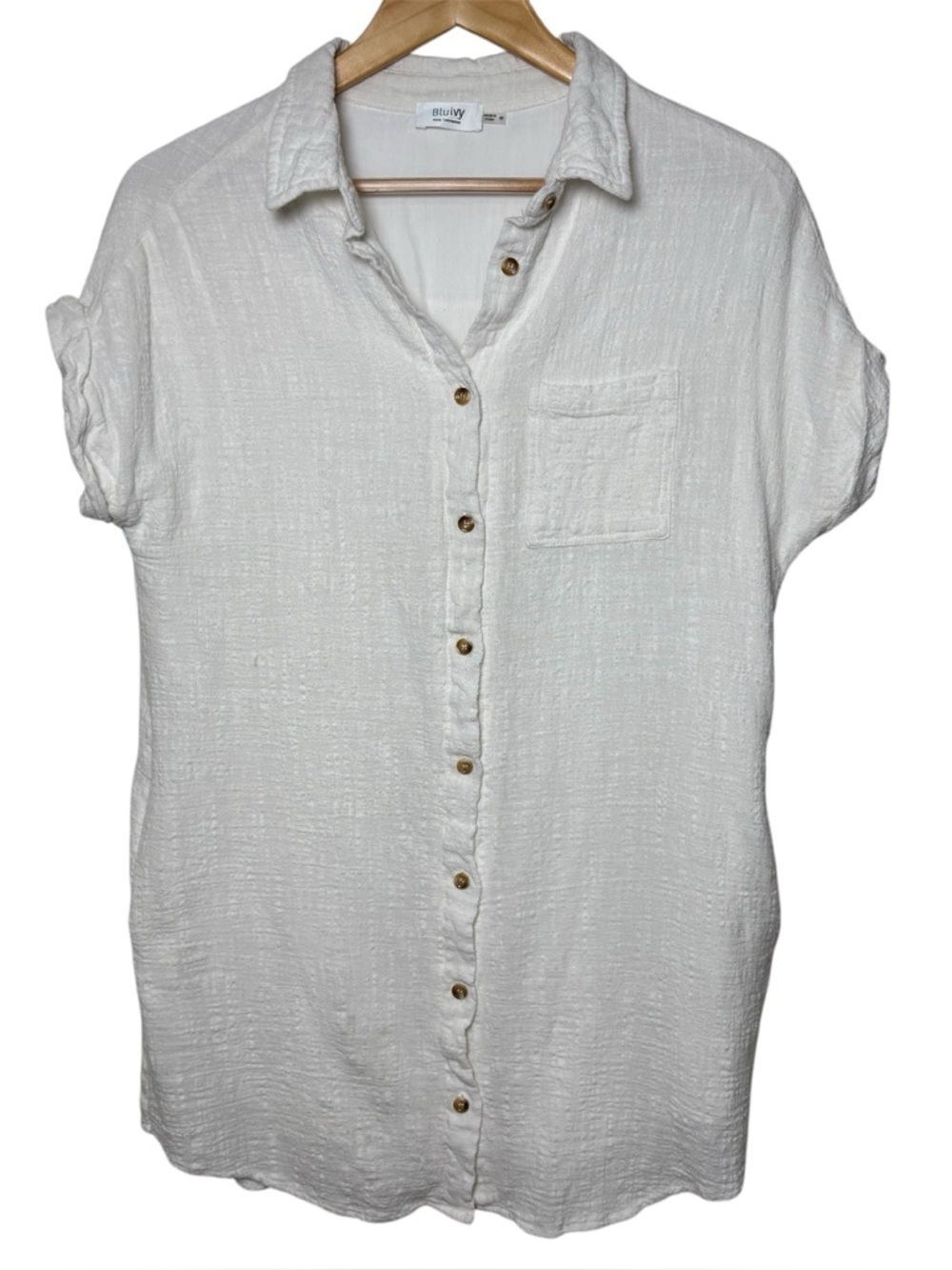 Coastal Button Down Top Womens Medium White Pockets Beach Travel Textured Resort